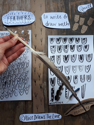 Mark making with a homemade feather quill pen by Alice Draws The Line