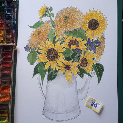 Final piece by Alice Draws the Line, sunflower bouquet drawn at Malvern Autumn Show