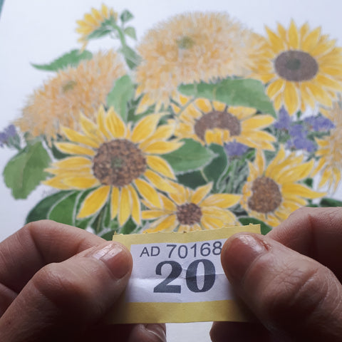 the winning raffle ticket for the sunflower bouquet drawn by Alice Draws the Line