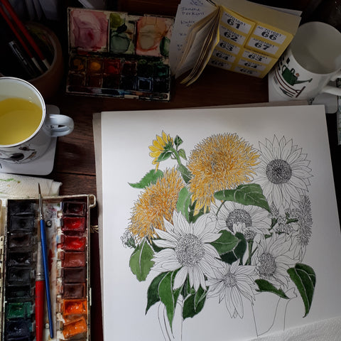 Sunflower bouquet in progress at Malvern Autumn show by Alice Draws the Line