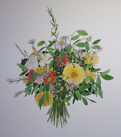 Katie Draws' wedding bouquet, illustrated by Alice Draws the Line. Preserving wedding flowers as fine art