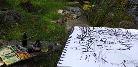 Alice Draws the Line sketching at the Elan Valley river bank for Sketch Across the World 2021