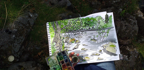 A Creative Adventure for Sketch Across the World 2021, Elan Valley river bank by Alice Draws the Line