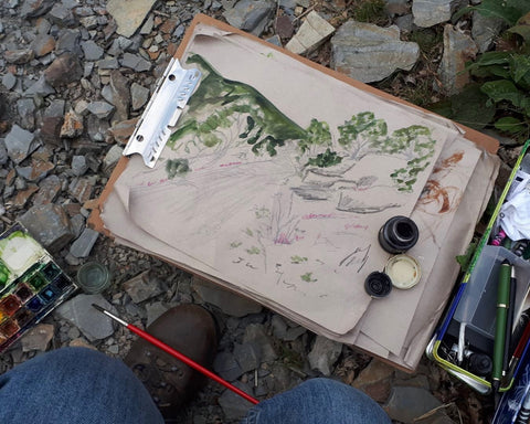 Elan Valley mountain road sketch taking shape by Alice Draws the Line, outdoor sketching