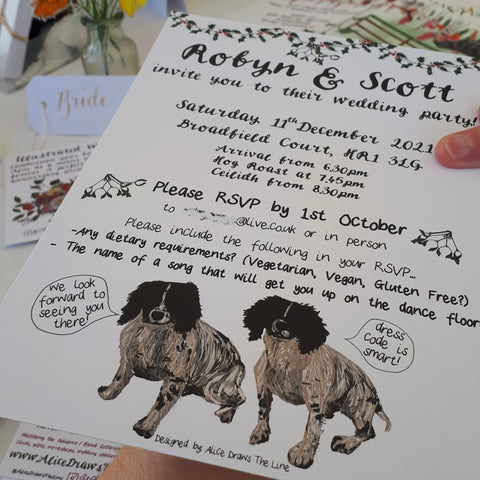 Pets can be included in wedding stationery designs by Alice Draws the Line