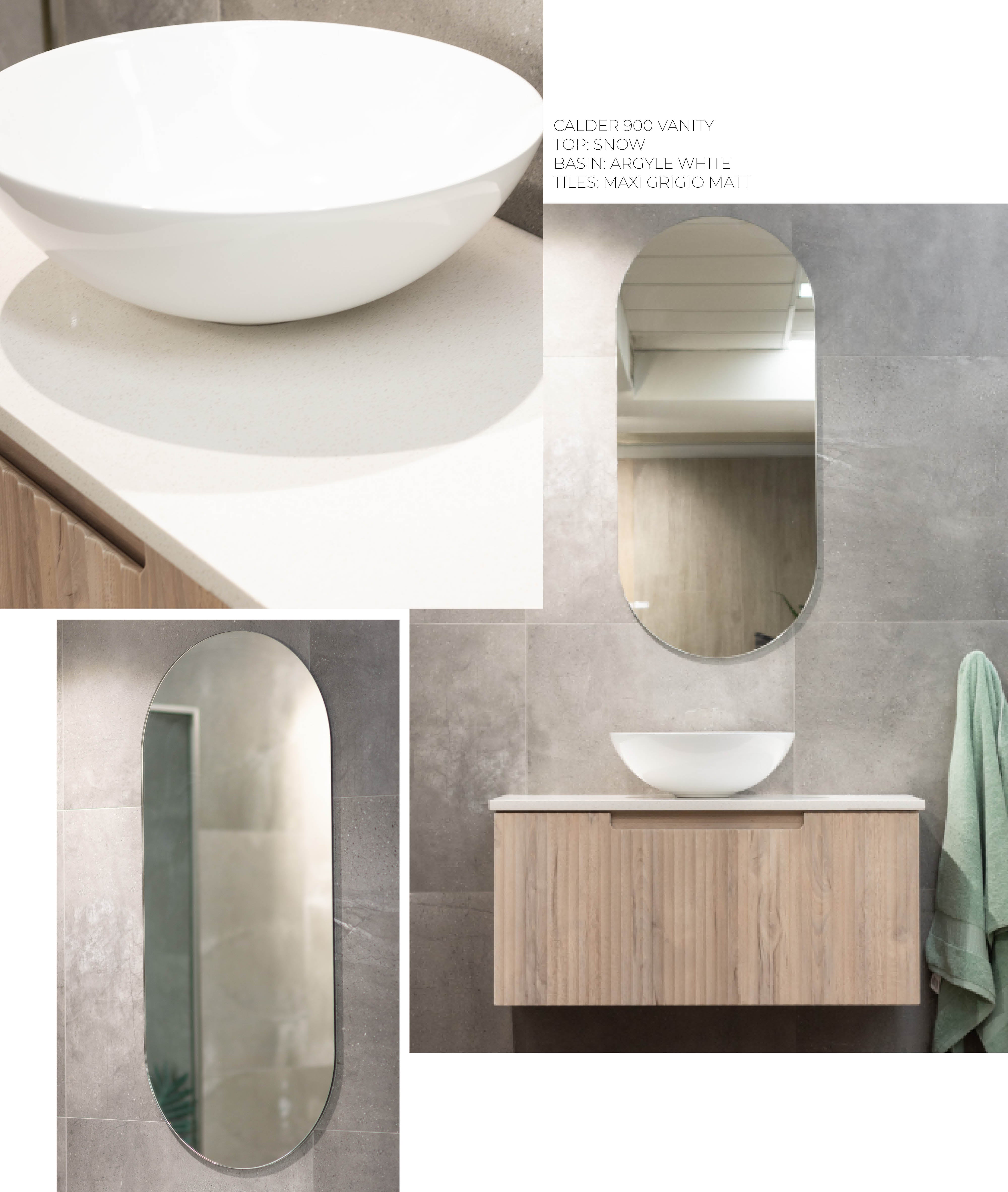 CALDER 900 VANITY TOP: SNOW BASIN: ARGYLE WHITE TILES: MAXI GRIGIO MATT