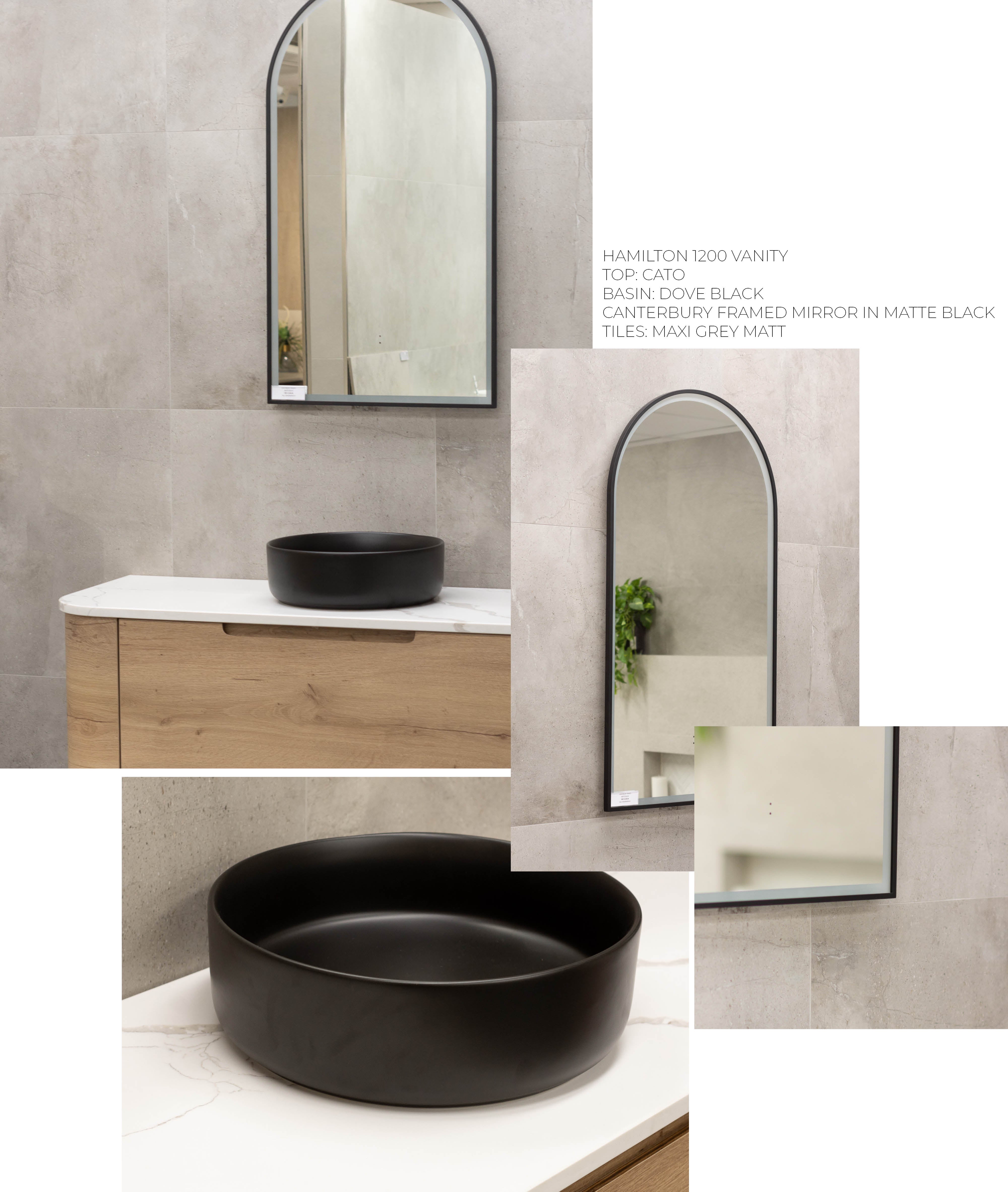 HAMILTON 1200 VANITY  TOP: CATO BASIN: DOVE BLACK CANTERBURY FRAMED MIRROR IN MATTE BLACK TILES: MAXI GREY MATT