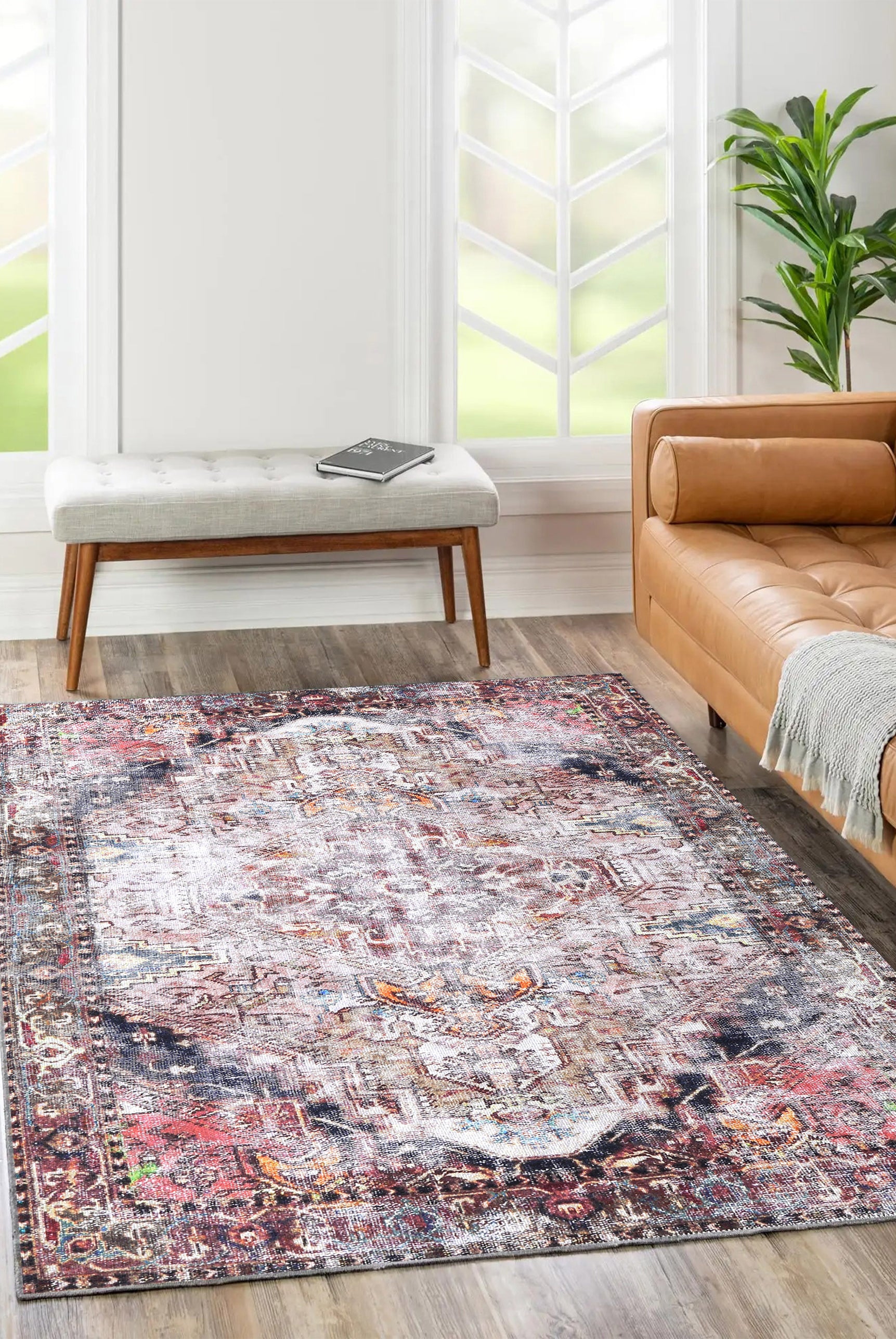 Santi Green and Grey Traditional Distressed Washable Rug