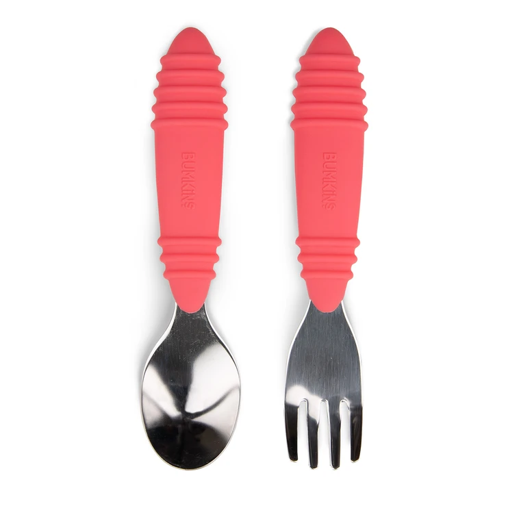 BUMKINS SPOON AND FORK SET (SILICONE AND STAINLESS STEEL) - RED