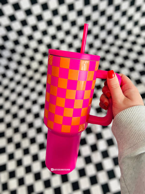 40oz Hot pink checkered tumbler - Keener's Customs, LLC