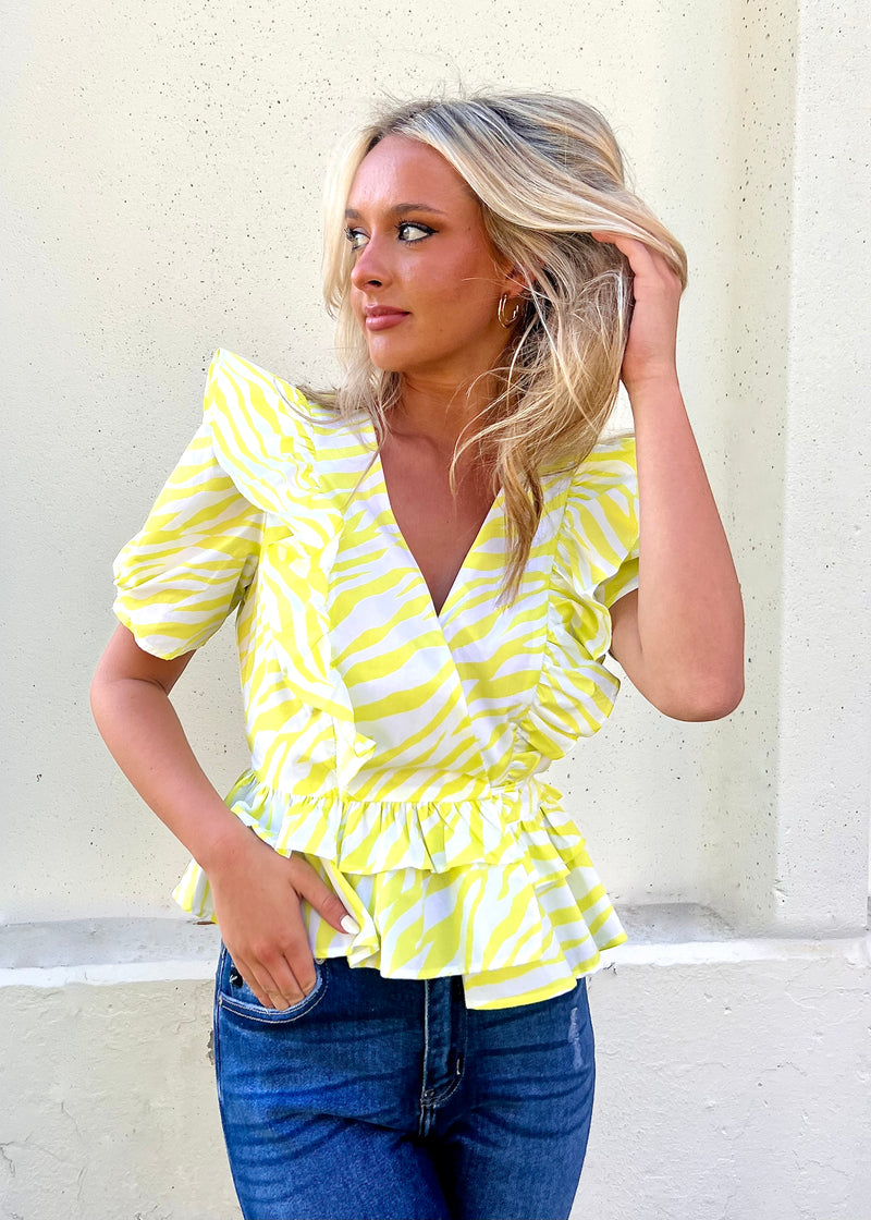 WHIM ZEBRA PRINT PEPLUM TOP- LIME YELLOW
