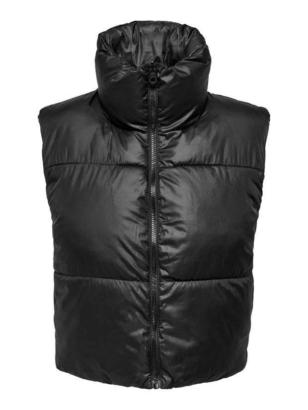 Black Long Puffer Vest With Hood, Metamorphoza