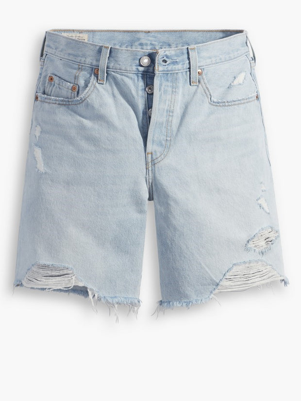 501 Mid Thigh Light Wash Distressed Denim Shorts