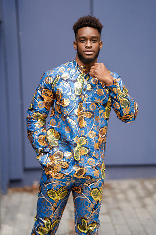 African Shirt In Blue Gold Anakra Print, Pullover With Buttons