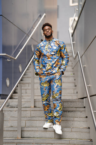 African outfit, African shirt in gold blue Ankara print