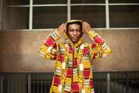 Kente clothing, African jacket in yellow kente