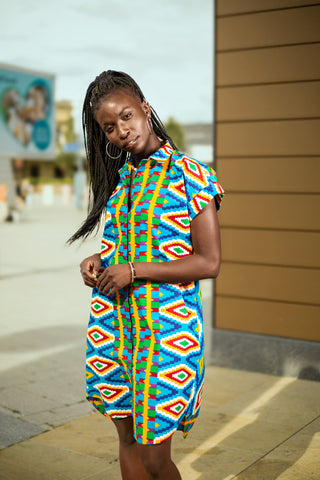 African Shirt Dress In Blue Kente 