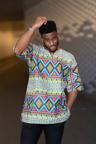 African T-shirt in blue Kente / Festival tee