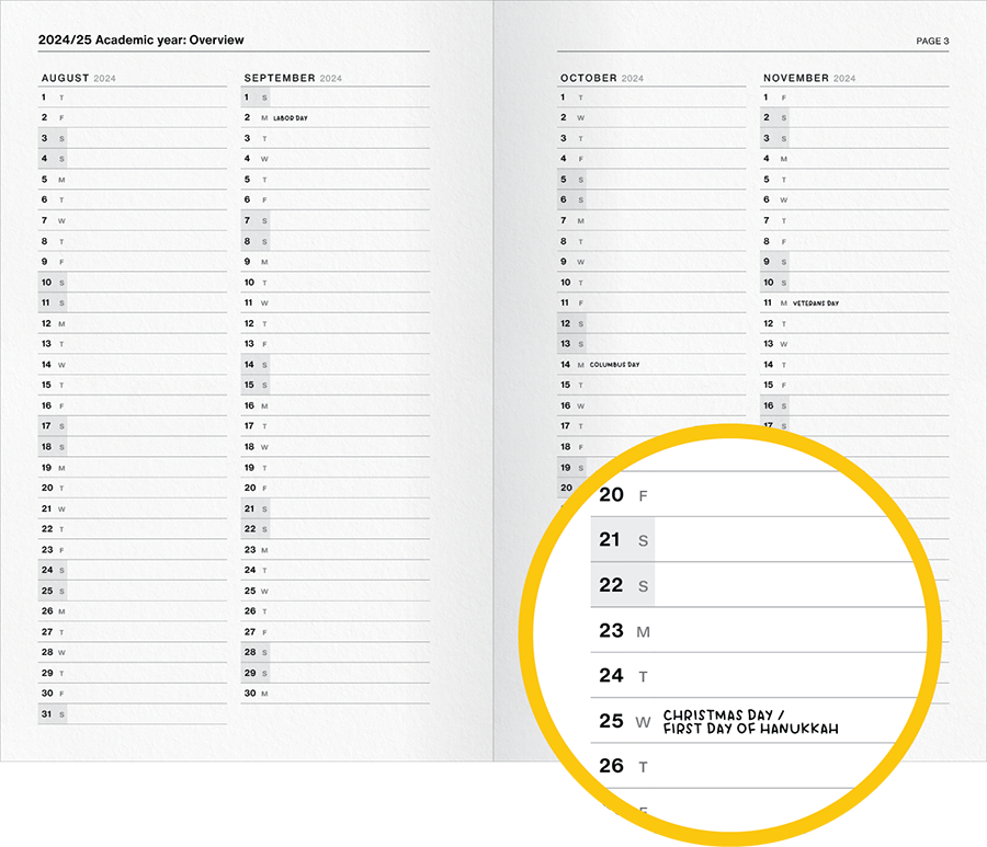 A close-up of WTF Notebooks' academic planner