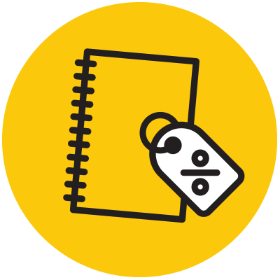 Icon of a notebook and discount badge