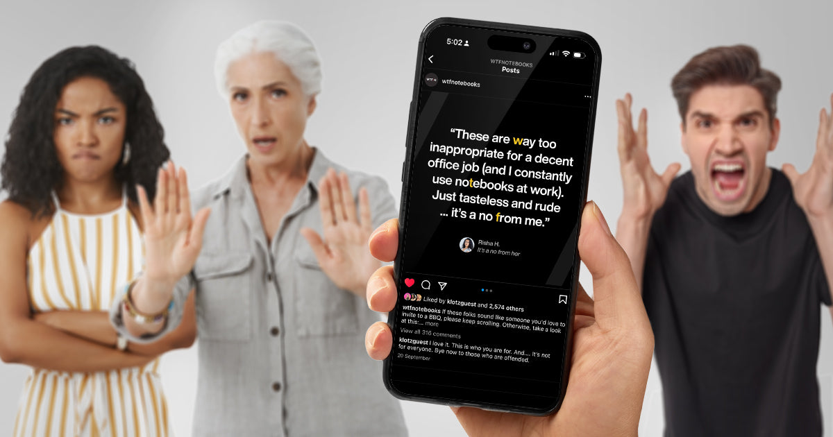A group of critics expressing their anger behind a phone showing WTF Notebooks' Instagram account