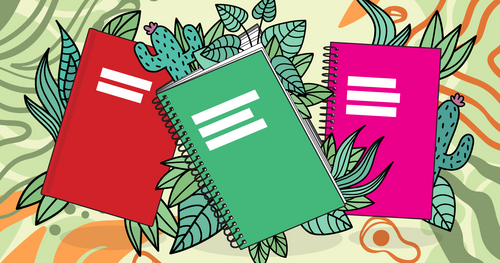 An illustration of three WTF Notebooks with plants growing out of the pages