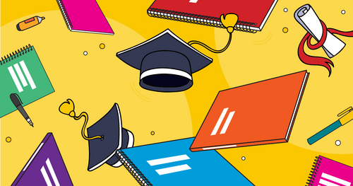 An illustration of WTF Notebooks, pens, and graduation hats floating in mid air