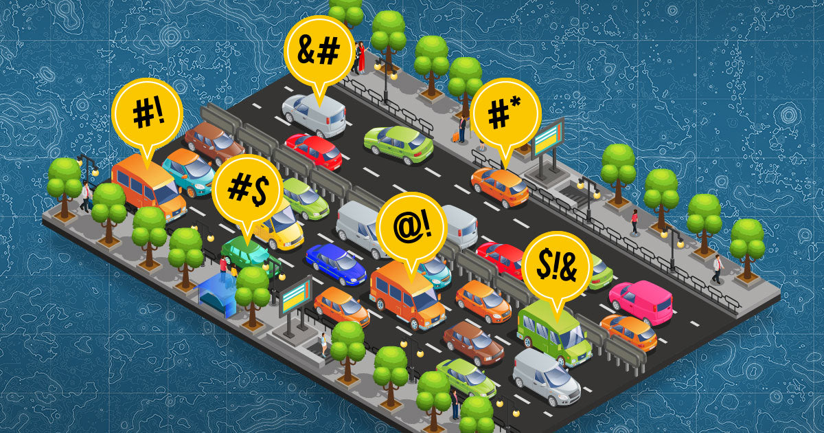 An illustration of cars in a traffic jam, with speech bubbles representing road rage