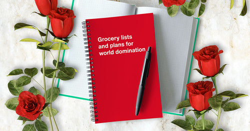 A red WTF Notebook surrounded by roses in a Valentine's Day setting