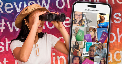 A woman with binoculars looking at a phone screen that shows various WTF Notebook video thumbnails