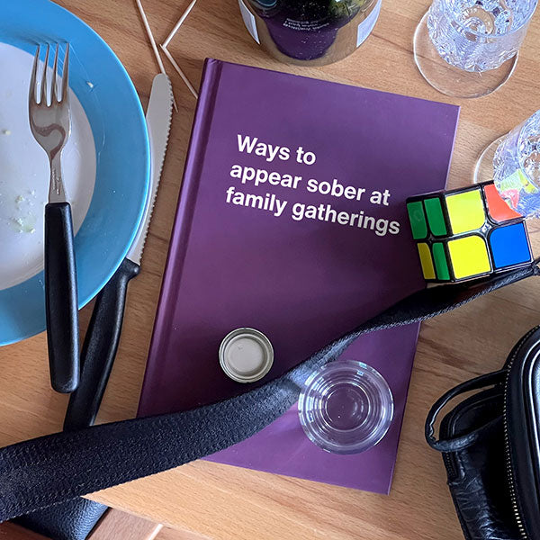A WTF Notebook titled: Ways to appear sober at family gatherings