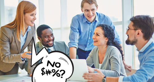 A group of business people in an office with one woman swearing