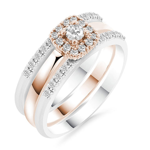 Silva's halo diamond ring in rose gold combined with more delicate white gold rings