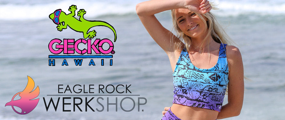 Gecko Hawaii X Eagle Rock WERKSHOP Collab Logos with a model wearing our "Surf" Athleisure Set.