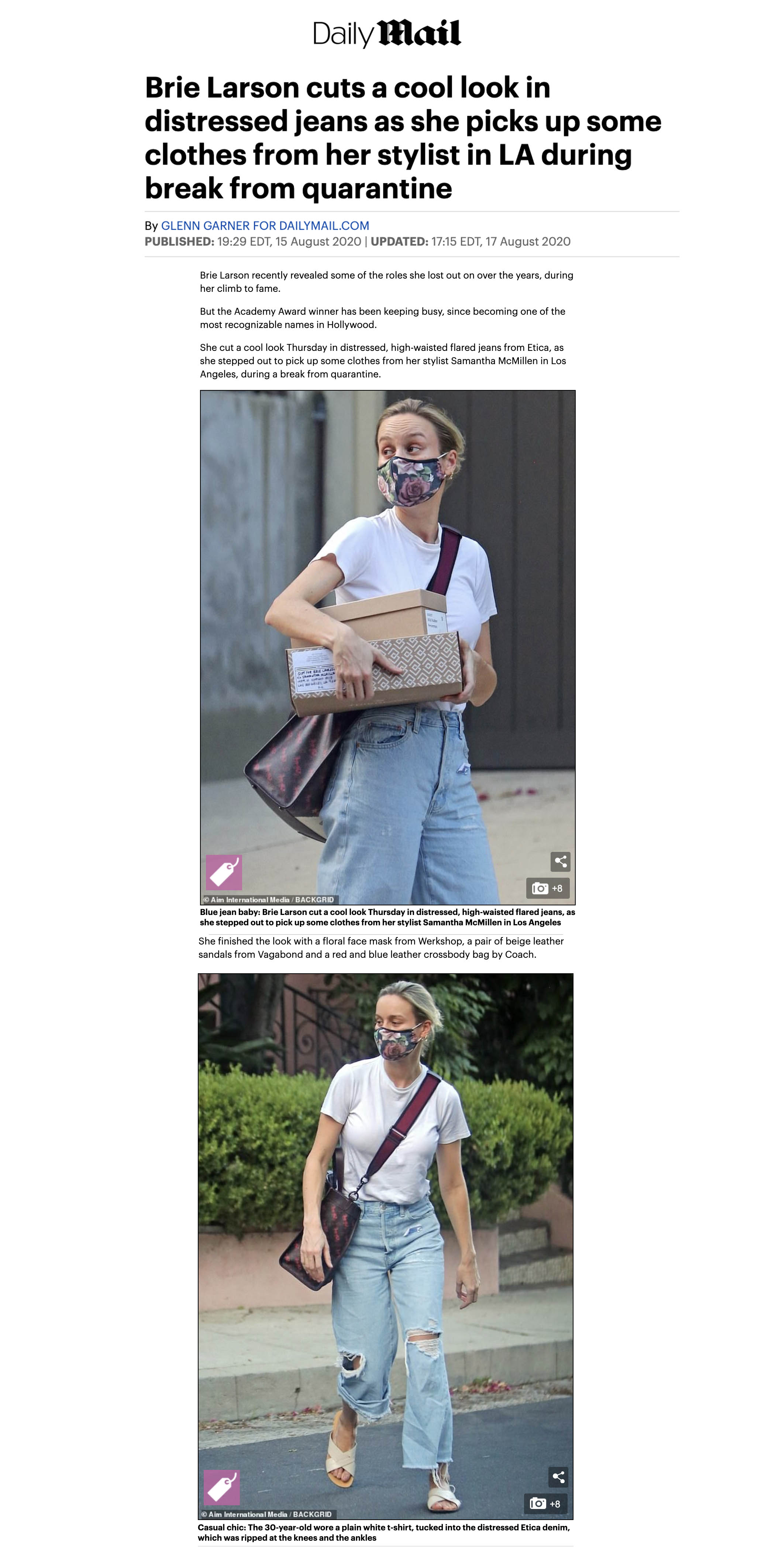 Brie Larson featured in DailyMail UK wearing WERKSHOP Roses Face Mask 