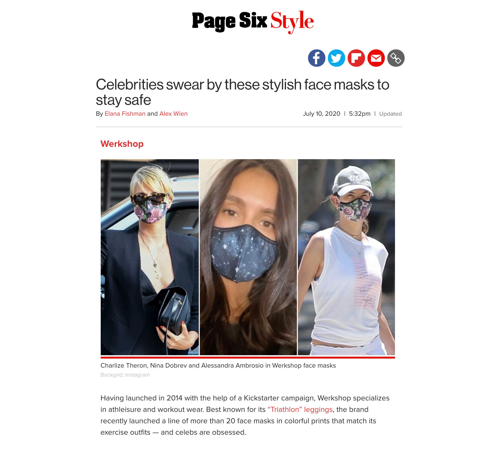 Charlize Theron, Nina Dobrev and Alessandra Ambrosio featured wearing WERKSHOP Face Masks in PageSix!