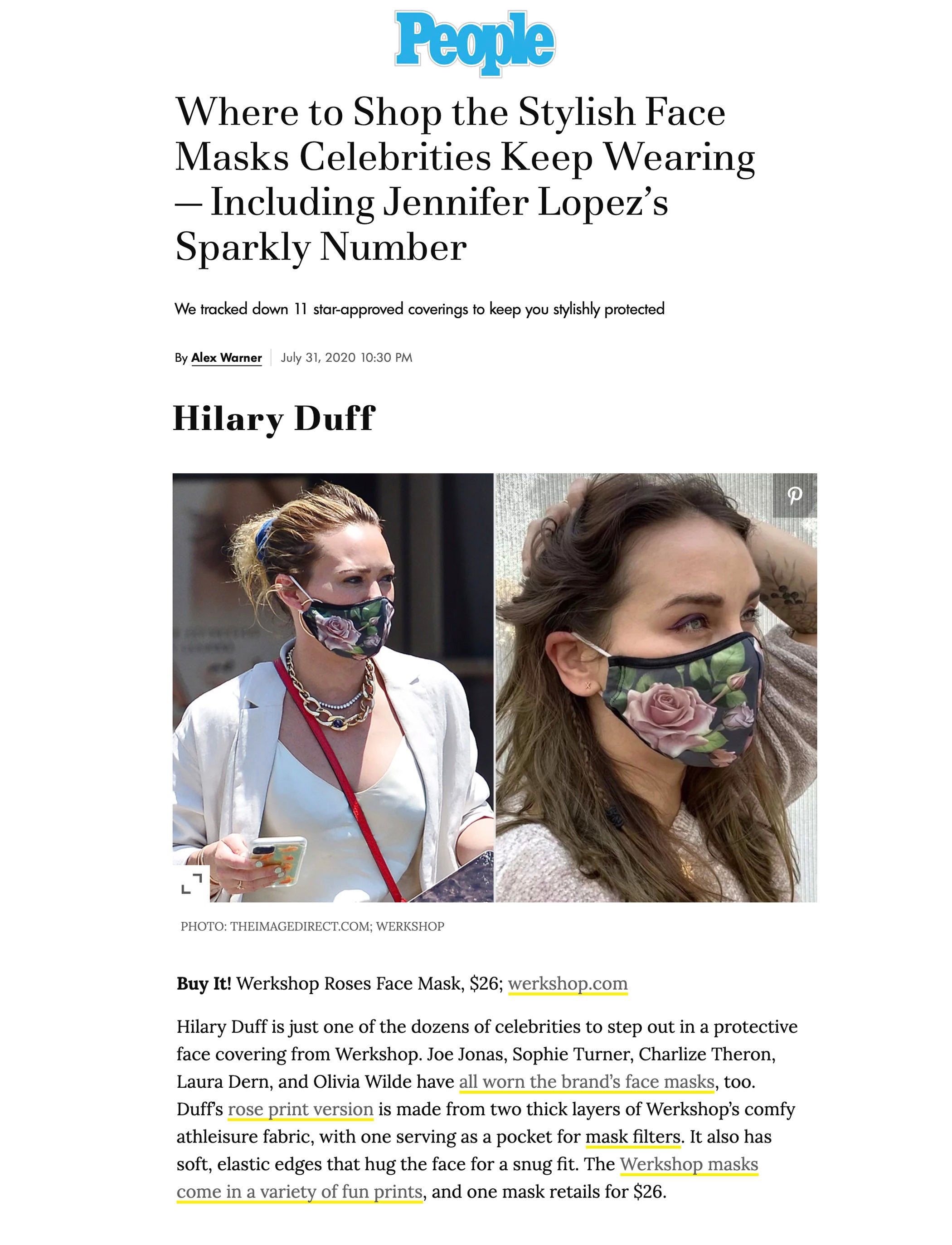 Hilary Duff wearing featured in People.com wearing WERKSHOP Roses Face Mask