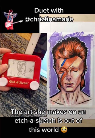 Screenshot of a tiktok video featuring Etch a Sketch Art by Chriztina Marie and a painting of David Bowie by Scott Christian Sava 