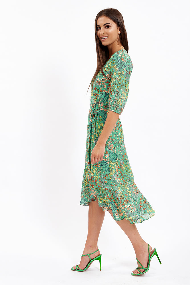 green oriental contrast kimono wrap dress