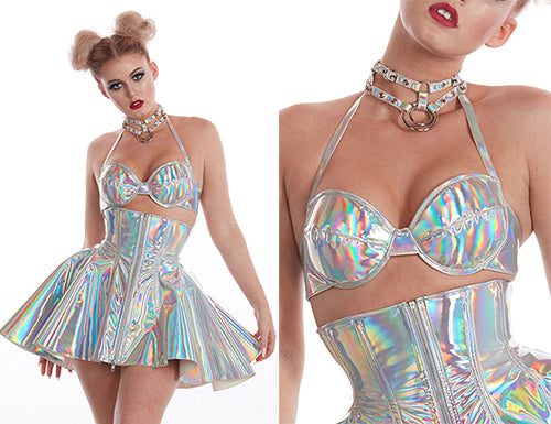 Artifice Clothing - Delaney MicahLynne in a Holographic PVC underbust  Corset ($115) worn with a Holographic PVC zipper skirt ($50), and a  Holographic Spiked Choker ($45), and a Holographic PVC Bra ($75)