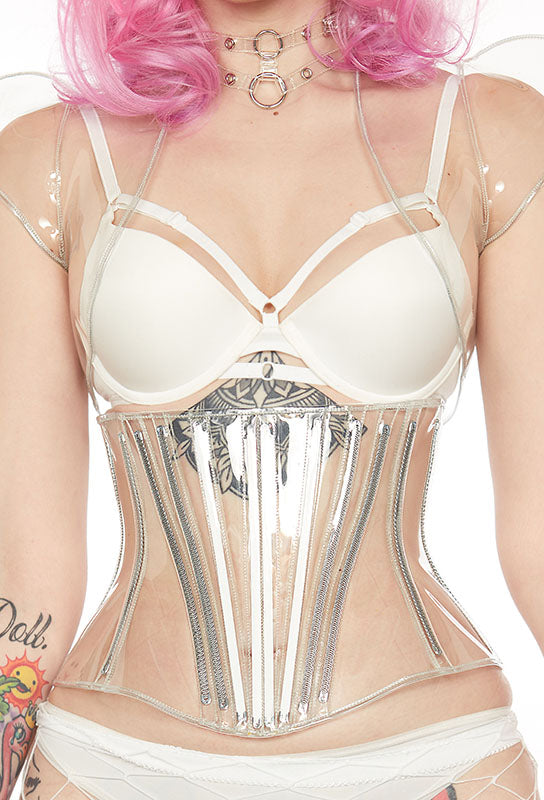 Structured transparent corset with pleated details and removable