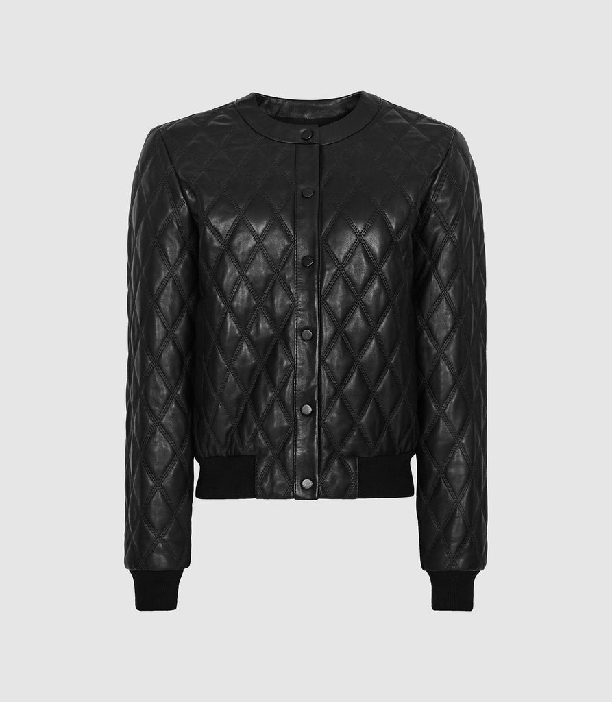 REISS OTTOLIE CROSS STITCH LEATHER BOMBER JACKET BLACK – Greet Silk