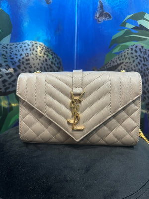 Saint Laurent Small Caviar Tri Quilt Envelope Bag in Tan - The Hangout 