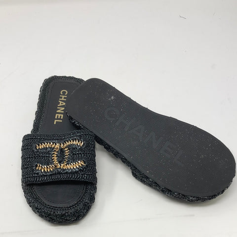 Chanel Black Straw Sandal with Gold Interlocking CC – The Hangout