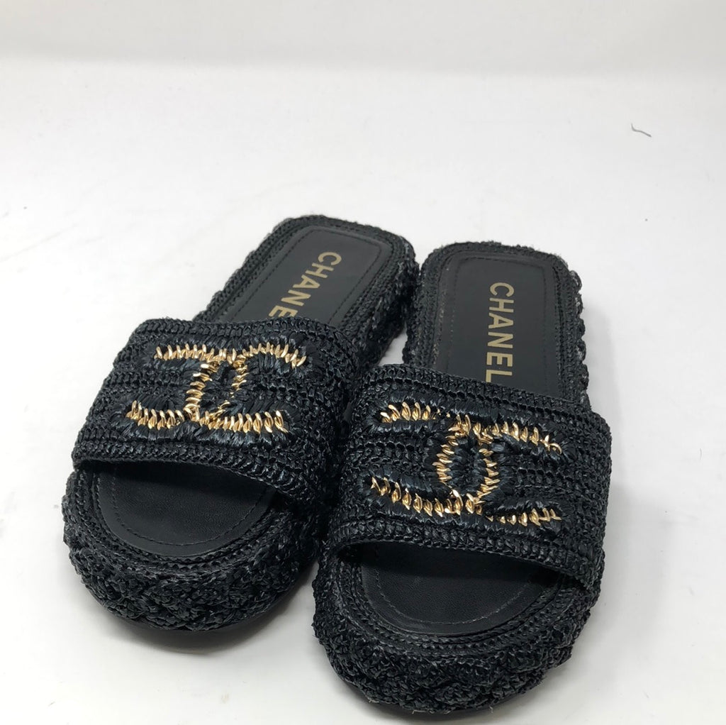 Chanel Black Straw Sandal with Gold Interlocking CC – The Hangout