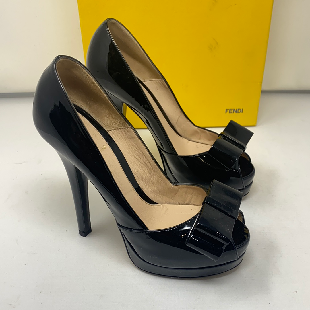 Fendi Black Patent Leather Peep Toe Platform Heels – The Hangout