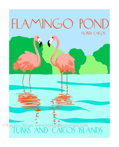 Two flamingos in a graphic art style in blue water with Flamingo Pond North Caicos in text above them
