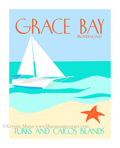a graphic art print of a sailboat on a beach with a starfish in the sand representing Grace Bay in the Turks and Caicos