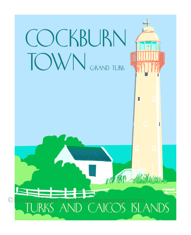 Lighthouse on the beach in Grand Turk, Turks and Caicos.  a graphic art print of the historic lighthouse in Cockburn Town
