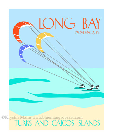 a graphic art travel poster of Long Bay Beach with blue water, and sand and 3 kiteboarders on the surf